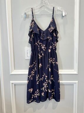 AQUA Navy Blue Floral Ruffle Dress Pink Cherry Blossom Coquette Romantic XS